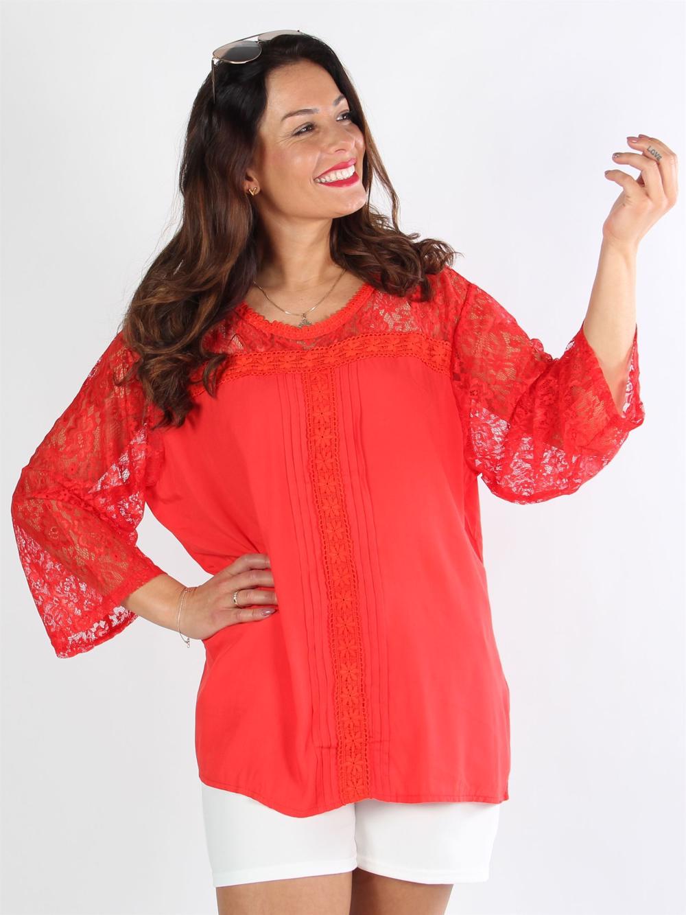 Lahore - Röd långärmad spetsblus med broderi